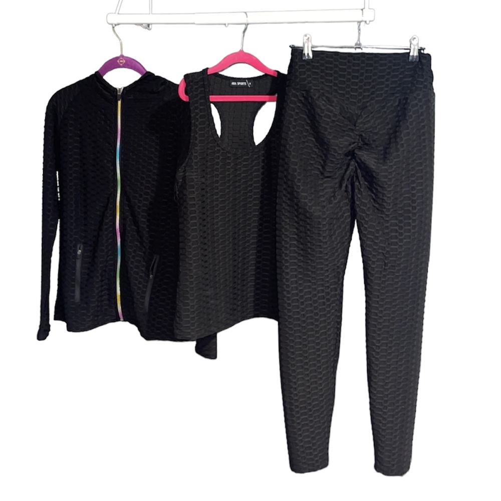 ARA Sports 3 PIECE Pastel Rainbow Zip Front Hoodie, Textured Leggings & Tank MED